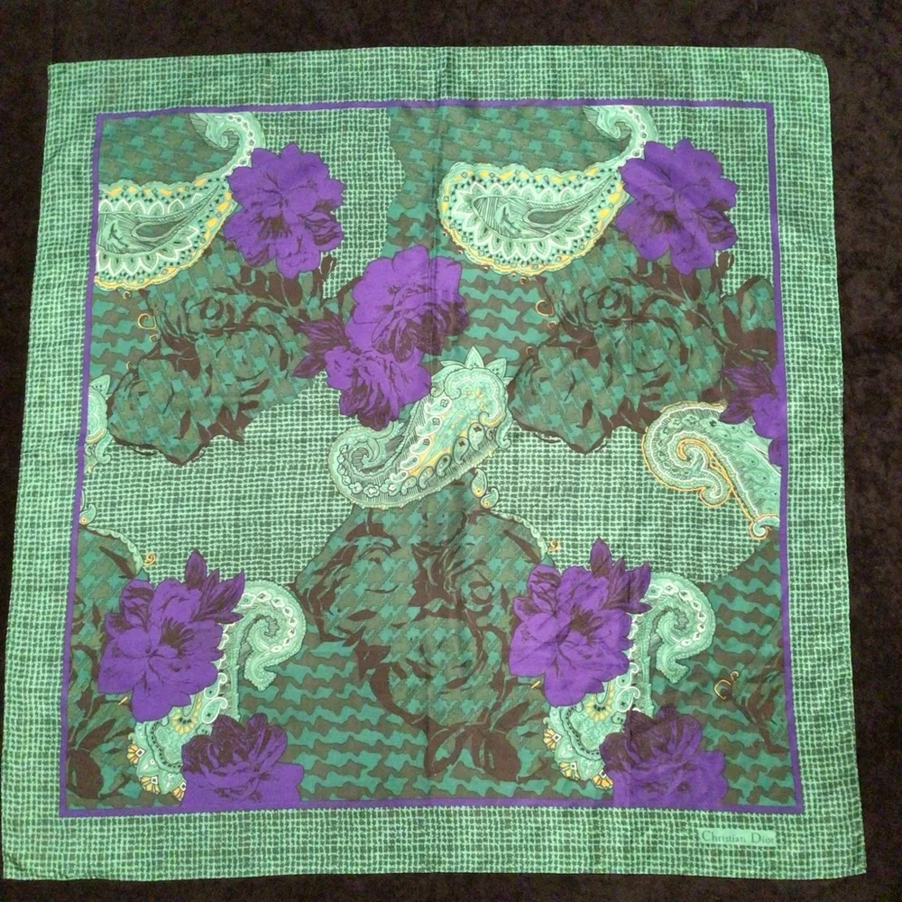 Vintage Christian Dior silk purple and green floral scarf